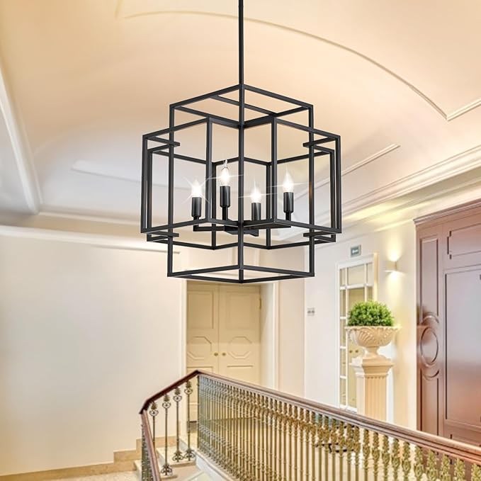 4-Light Farmhouse Chandelier, Industrial Ceiling Foyer Lighting Fixtures Black Lantern Pendant Light, for Dining Room Kitchen Island Entryway Staircase