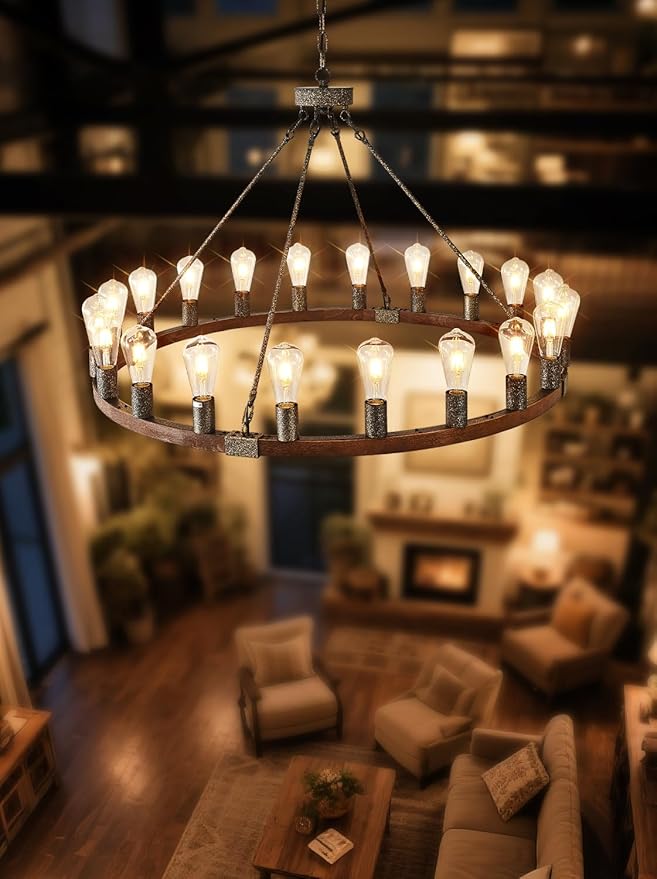 Large Wagon Wheel Chandelier, 40 Inch Farmhouse Chandeliers Rustic Wood, 20-Light Round Vintage Wooden Chandelier for Dining Room, Living Room, Entryway, Kitchen
