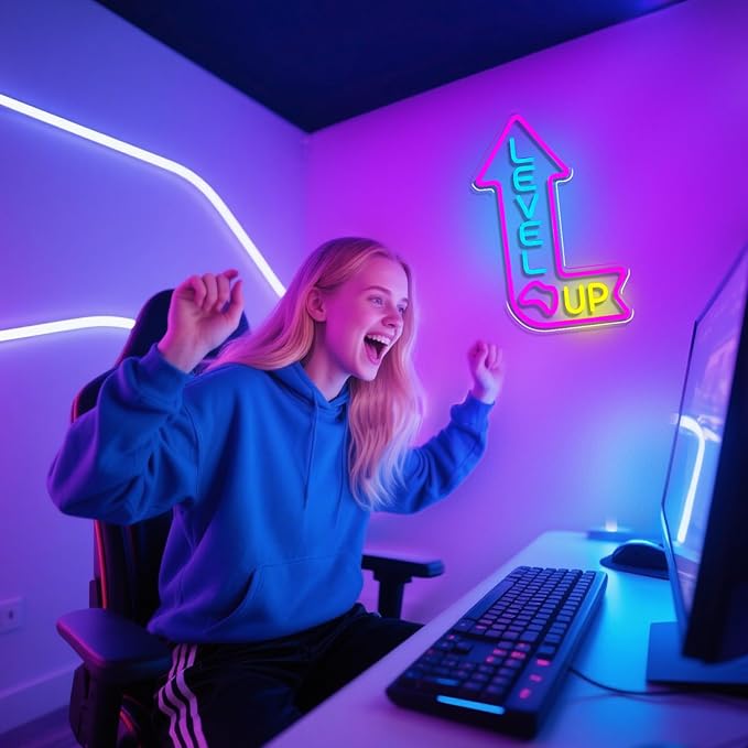 Level Up Neon Sign for Gamer Room Dimmable Game Neon Sign LED Gaming Light up Sign for Man Cave Game Room Zone Home Bedroom Party Decoration for Gamer, Boys, Teens