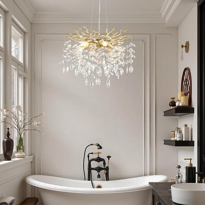 EGM Gold Tree Branch Crystal Chandelier 18-Inch, Crystal Chandelier for Dining Room 6-Light, Hanging Round Raindrop Chandeliers for Living Room E12