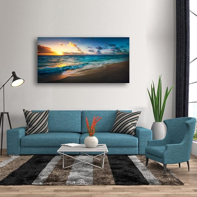 Beach Pictures Wall Art Canvas Prints Seascape Themed Decor for Home Sea Ocean Sunset Paintings for Living Room Bathroom Wall Decorations Natural Landscape Artwork Wooden Picture Frames 24x48 inches