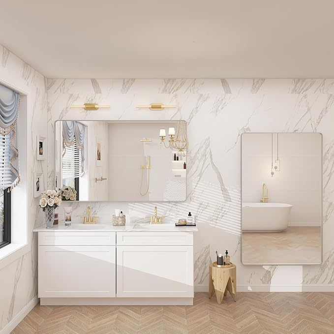 48x30 Silver Brushed Bathroom Mirror for Wall, Brushed Silver Metal Framed Bathroom Vanity Mirror, Rounded Rectangle Mirror, Shatterproof, Anti-Rust (Horizontal/Vertical)