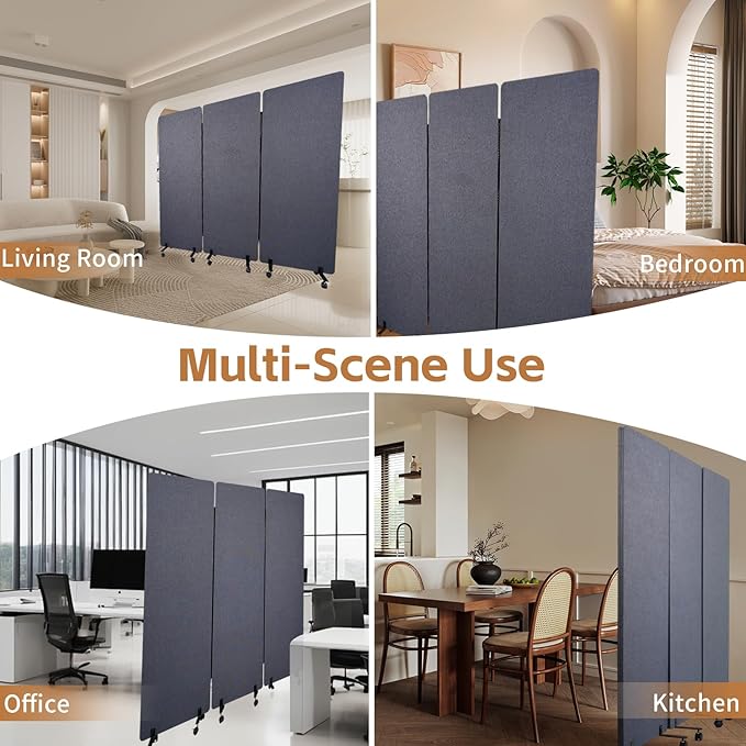 72 * 66in Freestanding Acoustic Room Divider, 3 Panel PET Polyester Soundproof Room Screen with Wheels, Portable Partition Divider for Office, Reception Room, School, Hospital