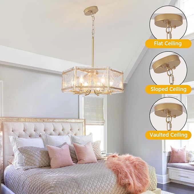 6-Light Gold Glass Chandelier, 18.7" Modern Textured Glass Drum Chandelier for Dining Room, Luxury Crystal Round Hanging Light Fixture for Kitchen Living Room Hallway Bedroom