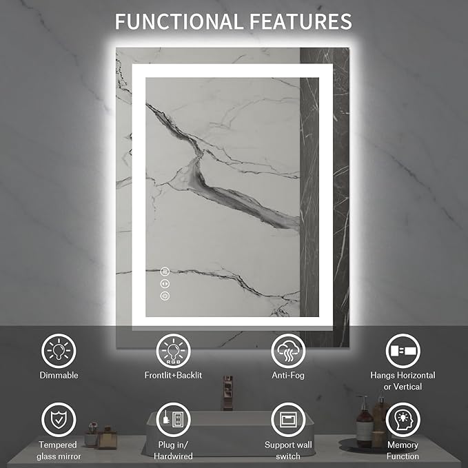 LOAAO 28X36 LED Bathroom Mirror with Lights, Anti-Fog, Dimmable, Backlit + Front Lit, Lighted Bathroom Vanity Mirror for Wall, Memory Function, Tempered Glass, Safe to Use, ETL Listed