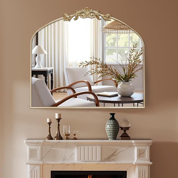 MISSDAY Vintage Retro Gold Baroque Mirror for Wall, 36"X30" Arched Antique Wall Mirror with Elegant Carving Top, Full Metal Frame Wall-Mounted Mirror for Bathroom, Living Room, Fireplace, Entryway