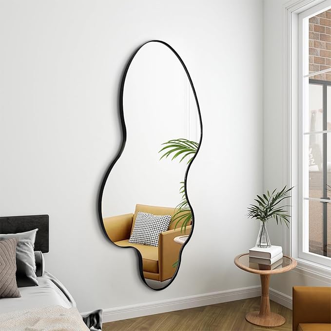 Black Irregular Mirror, Asymmetrical Mirrors, 46.5"x24" Wall Mirror Decorative, Modern Wavy Shaped Mirrors for Living Room Bathroom Bedroom Hallway Entryway Fireplace