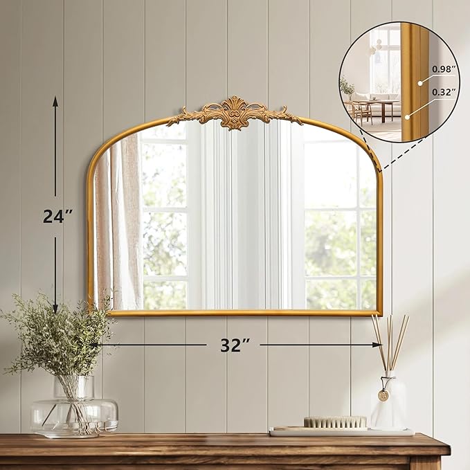 Antique Arched Gold Mirror: 32"x24" Large Gleaming Gold Antique Wall Mounted Mirror - Baroque Traditional Ornate for Fireplace/Bathroom/Living Room - Home Decor for Housewife