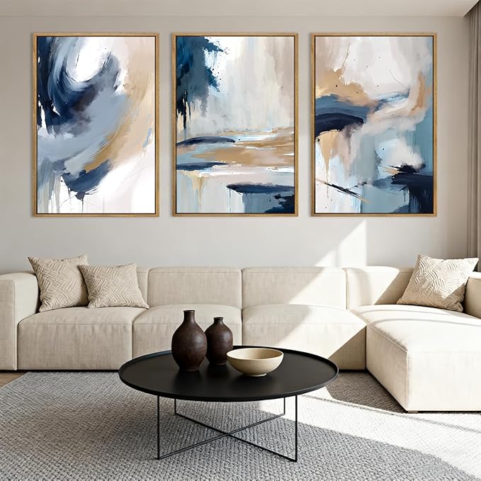 Large Blue Abstract Wall Art Framed Modern Artwork Neutral Wall Decor for Living Room Bedroom Office 16x24 Inch Set of 3
