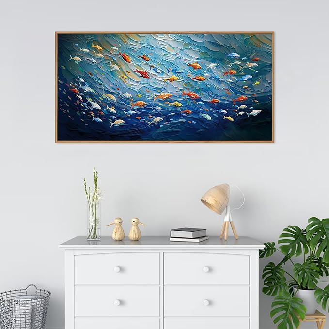 CHDITB Ocean Canvas Wall Art, 20"X40" Large Sea Fish Painting, Navy Blue Marine Fish Wall Decor, Colorful Fishes Artwork for Living Room, Bedroom, Office, Modern Home Decor