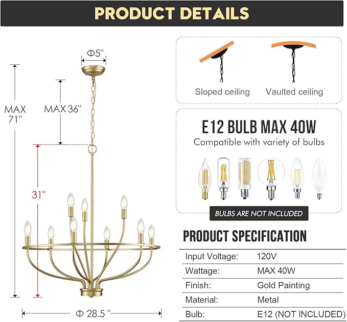 9-Light Gold Light Fixture Vintage Candle Chandelier Lighting Brass Dining Room Chandelier Over Table for Living Room Foyer Kitchen Island Bedroom, 28.54in, E12