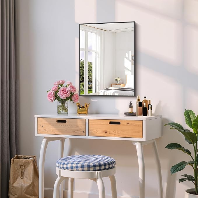 Black Bathroom Mirror for Wall, 18x24 Inch Rectangle with Metal Frame, Modern Vanity for Bathroom Living Room, Entryway Hangs Horizontal or Vertical