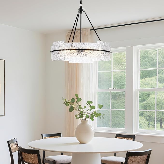 MAYNA Modern Dining Room Chandelier 25.6” Black Textured Glass Chandelier Luxury Drum Crystal Light Fixture Farmhouse Round Hanging Lighting for Dining Room Kitchen Island Living Room Hallway Bedroom
