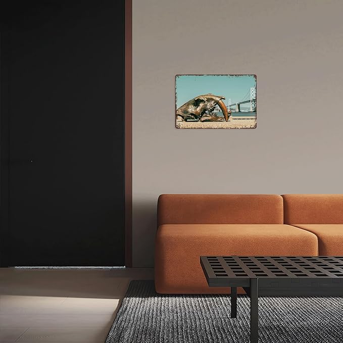 Sabertooth Skull Sculpture Vintage City Landscape Metal Tin Sign, Retro Travel Tin Signs Posters For Man Cave Bar Garage Car Room Streets Wall Decor 8 X 12 Inch