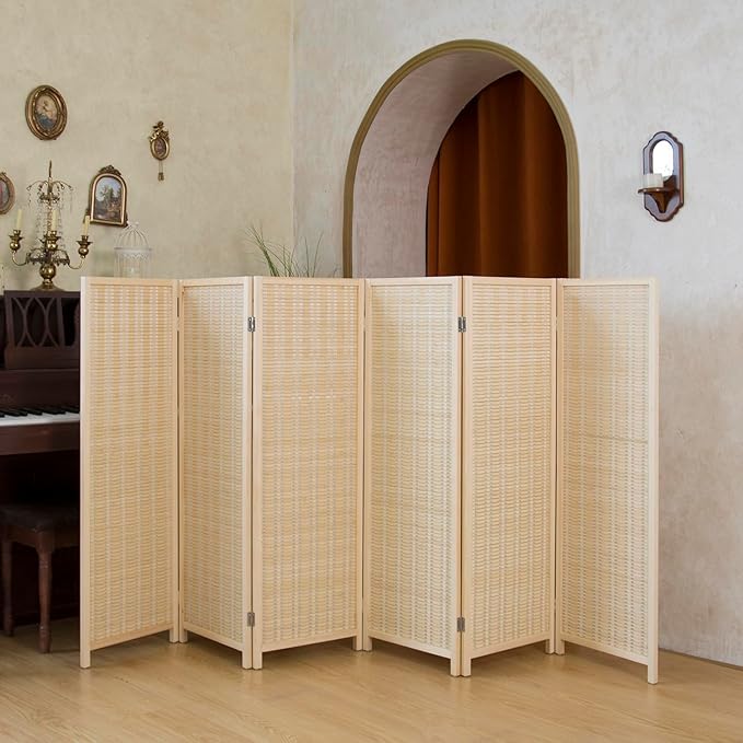 6 Panel Short Room Divider Folding Screen,47 inch Bamboo Panel Divider for Home Partition,Beige