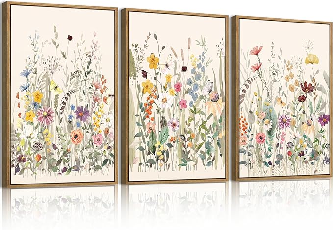 BINCUE Wildflower Wall Art Large Floral Wall Painting Neutral Print Pictures Decor for Living Room Bedroom Bathroom 3 Panel 36x24 Inches