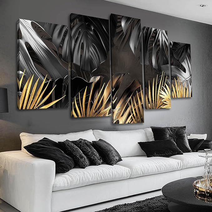 Black and Gold Leaves Painting Wall Decor for Living Room Nature Canvas Art Modern Artwork Framed Prints for Home Bedroom Picture Poster 5 Pieces Ready to Hang (12"x20"x2pcs+12"x28"x2pcs+12"x32")