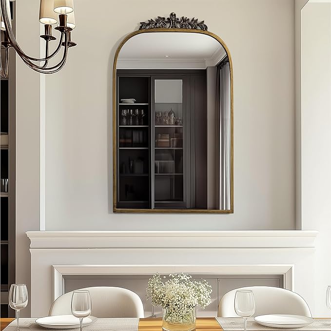 Navaris Vintage Mirror - Decorative Gold Antique Mirror - Large Brass Arched Mirrors - French Mirrors for Bathroom Wall Above Mantel or Fireplace - Ornate Baroque Victorian Style