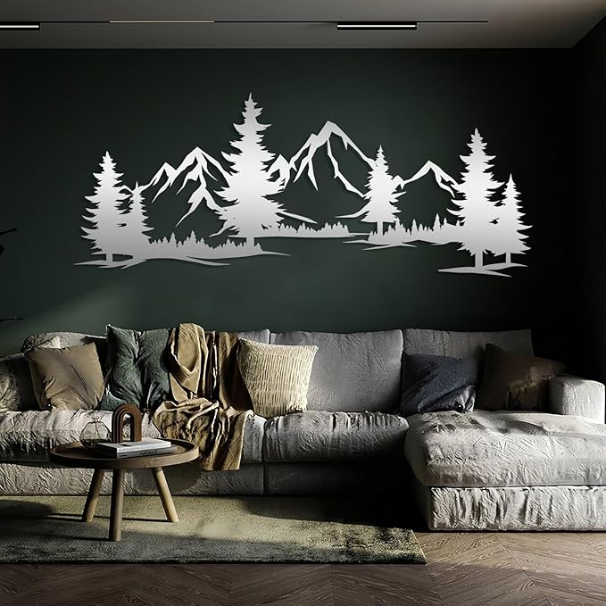 LARNT Metal Mountain Wall Art, Mountain Wall Decor, Forest Wall Hanging, Hill and Trees Metal Sign, Nature Range Wall Art, Living Room Decor (Black, 17"x41")