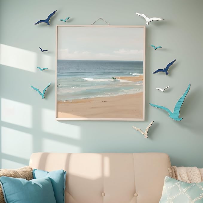11 PCS Wooden Seagull Wall Art Beach Decor, Wood Sea Gull Ocean Coastal Decor for Wall, Adhesive Nautical Decor Sculpture Vintage Ornaments For Home Bathroom (Blue)