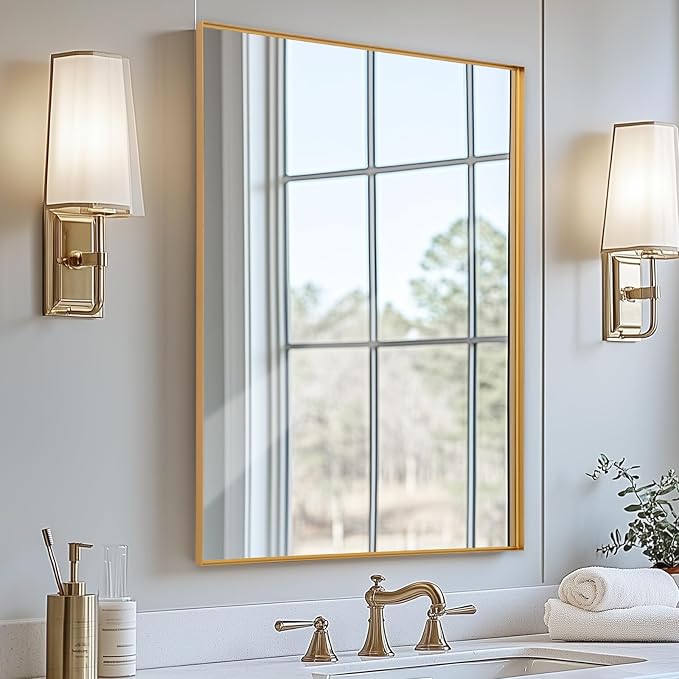 2-Pack Gold Bathroom Mirrors Over Sink 24 x 36 Inch Wall Mounted Aluminum Frame Rectangle Mirror Modern Farmhouse Vanity Mirror