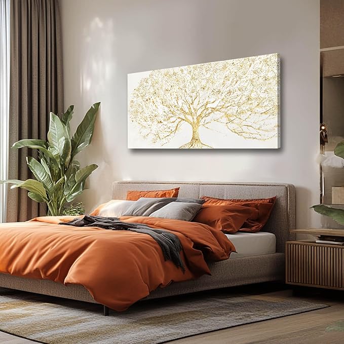 Big Gold Tree Wall Prints Framed Canvas Picture Neutral Wall Decor 29"x58" White and Gold Abstract Wall Art for Living Room Bedroom Dining Room