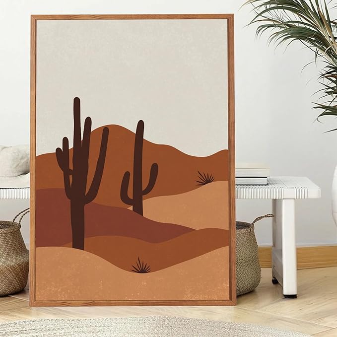 LHIUEM Boho Desert Framed Canvas Wall Art,Abstract Sun Moon Wall Decor,Modern Cactus Landscape Painting,Mid Century Southwestern Artwork for Living Room,Bedroom,Dining Room -16"x24"x3