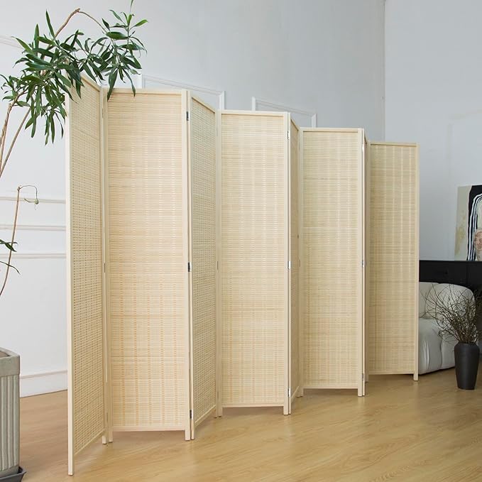 8 Panel Room Divider and Folding Panel Screen,Bamboo Panel Divider Screen for Room Separation,Beige,67" H x 122.8" W