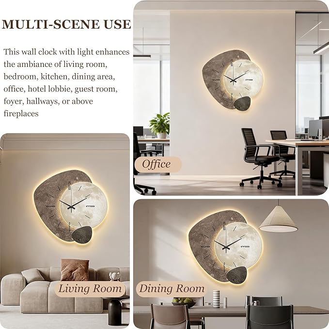 3D Wall Art Decor Clock, Large 3D Wall Sculptures with LED Light, Modern Home Decorative Wall Clocks Acrylic Painting for Living Room Bedroom Entrance Decor(15.7"x15.7", Beige)