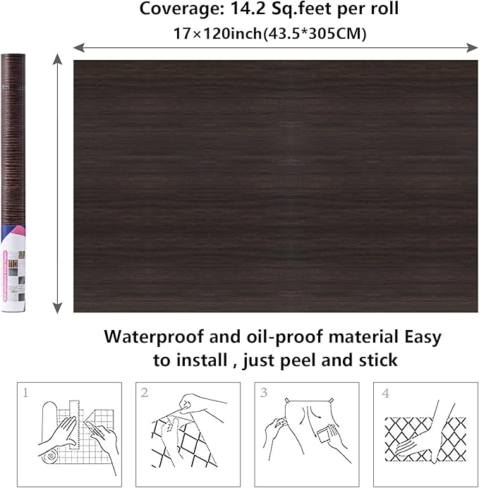 Arthome 17" x120" Peel and Stick Wood Contact Paper Self-Adhesive Brown Walnut Wallpaper,Decorative Vinyl Film for Countertop,Cabinets,Shelf,Drawer Liner,Easy to Clean Removable Wall Covering