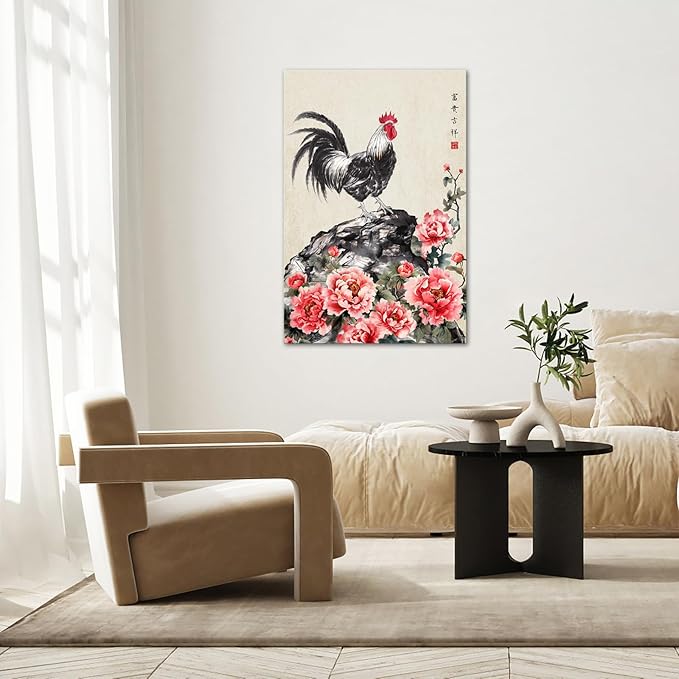 Canvbay Traditional Chinese Wall Art Rooster and Peony Floral Ink Painting on Canvas Framed Oriental Decor for Living Room Study 24x36 Inch