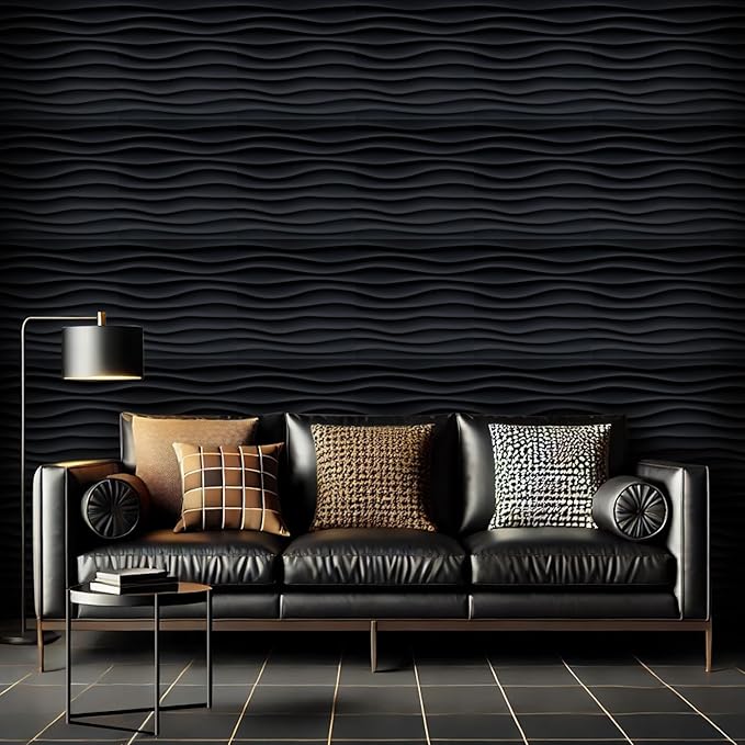 Chunful 30 Pcs 28.81 Sq ft 3D Wall Panels PVC Wave Design,11.8" x 11.8" Wall Panels Brick Wallpaper Waterproof for Interior Living Room Bedroom Decor(Black)