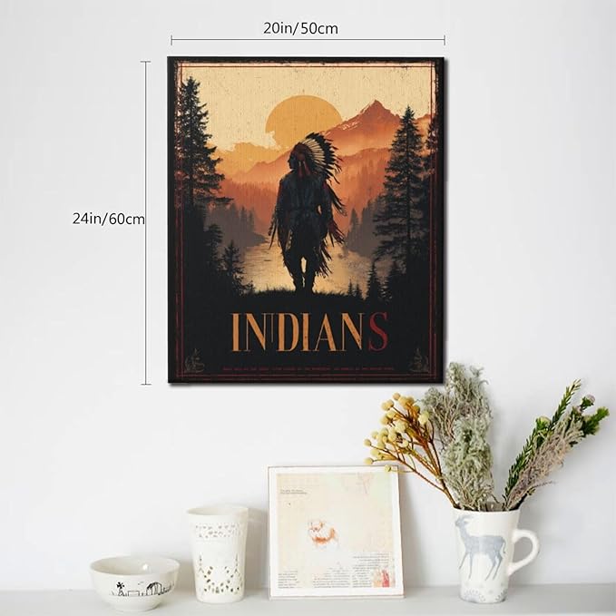 Native American Wall Art Indian Tribe Wall Decor Canvas Pictures Vintage Landscape Paintings Prints Traditional Artwork Framed Decorations For Bathroom Bedroom Living Room Office Gifts 20" x 24"