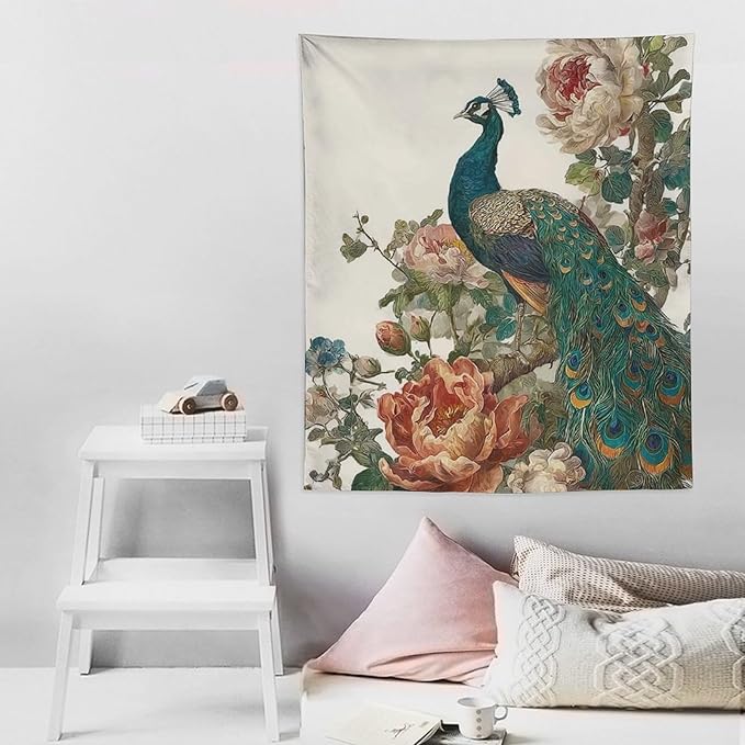 UUKXKUU Peacock Oriental Retro Blooming Flowers Tree Tapestry Wall Decor Large Wall Art Backdrop Flag Hanging for Bedroom Living Room Dorm Office 50"×60"