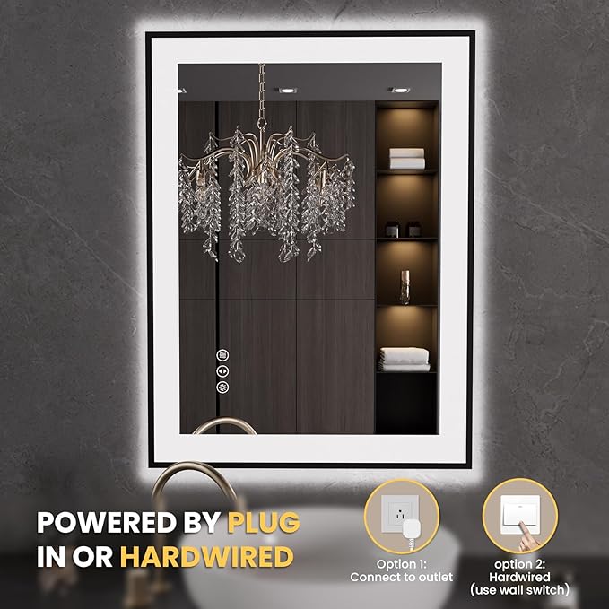 LOAAO 24"X32" LED Bathroom Mirror Black Framed, Anti-Fog, Dimmable, Lighted Bathroom Vanity Mirror for Wall, Memory Function, Tempered Glass