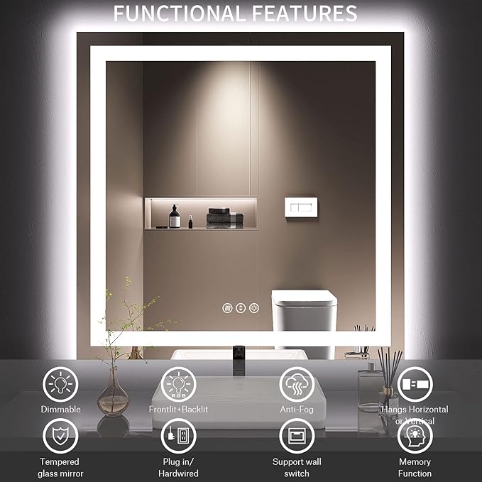 LOAAO 36X36 LED Bathroom Mirror with Lights, Anti-Fog, Dimmable, Backlit + Front Lit, Lighted Bathroom Vanity Mirror for Wall, Memory Function, Tempered Glass, Safe to Use, ETL Listed