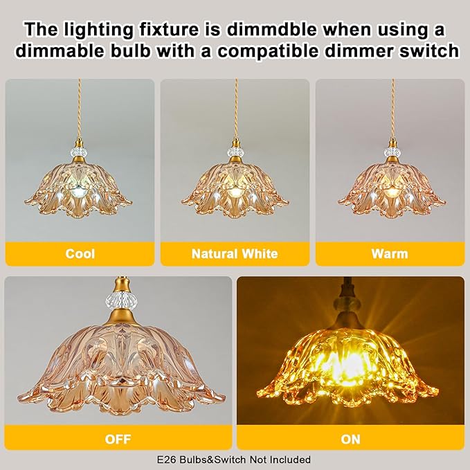 1 Piece Vintage Chandelier Light Fixtures with Amber Glass Shade,Matte Brass Finish Pendant Light for Kitchen,Hanging Light Fixture for Dining Room, Hallway, Living Room, Bedroom