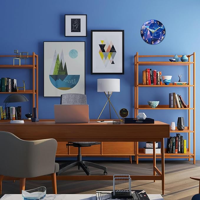 peacoblue Wall Clocks Battery Operated Light Geometric Pattern 12 Inch Glass Round Wall Clock Non Ticking for Kitchen Living Dining Room Bedroom and Bathroom Decor Accessories (Battery not Included)