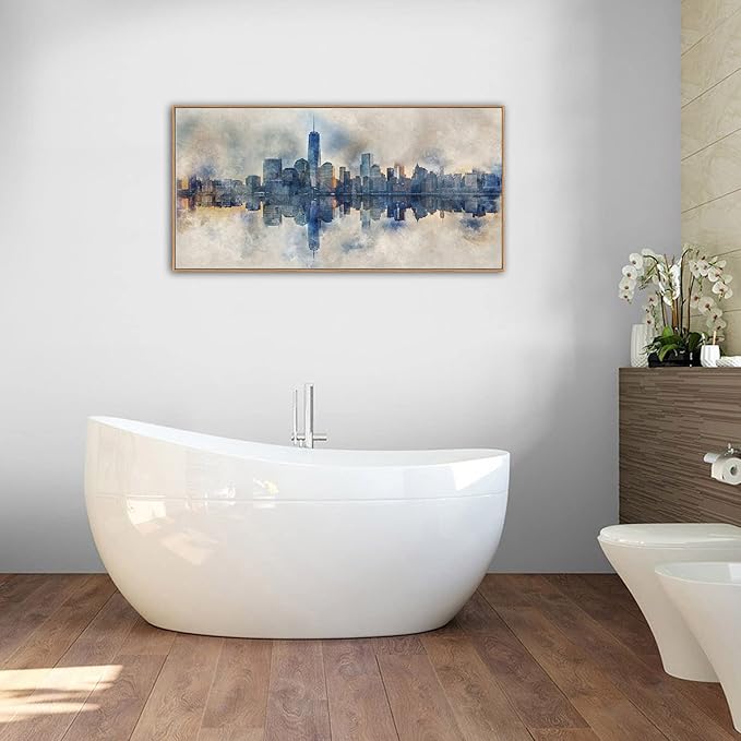 NYC Framed Canvas Wall Art Abstract Painting Wall Decor Indigo Blue Gray Panoramic Art Print New York Skyline Reflection Pictures Artwork Modern City Landscape Living Room Bedroom Decoration 20" x 40"