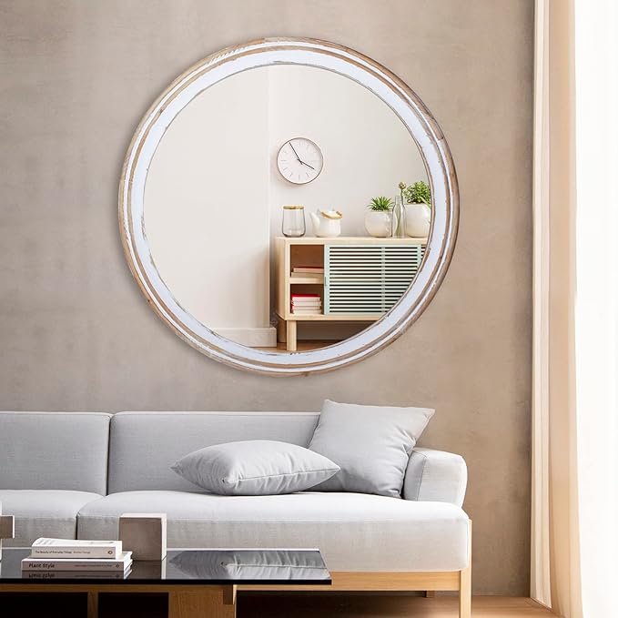 32 Inches Farmhouse Decorative Round Mirrors for Wall Decor, Rustic Distressed Wooden Circle Mirror for Bathroom Over Sink, Entryway, Living Room, Vanity
