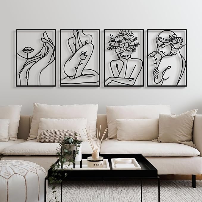 Bakovity Black Metal Wall Art, Abstract Flower Line Sculpture, Black Minimalist Modern Wall Decor for Living Room, Bedroom, Bathroom (4 Pieces, 17x12 Inches)