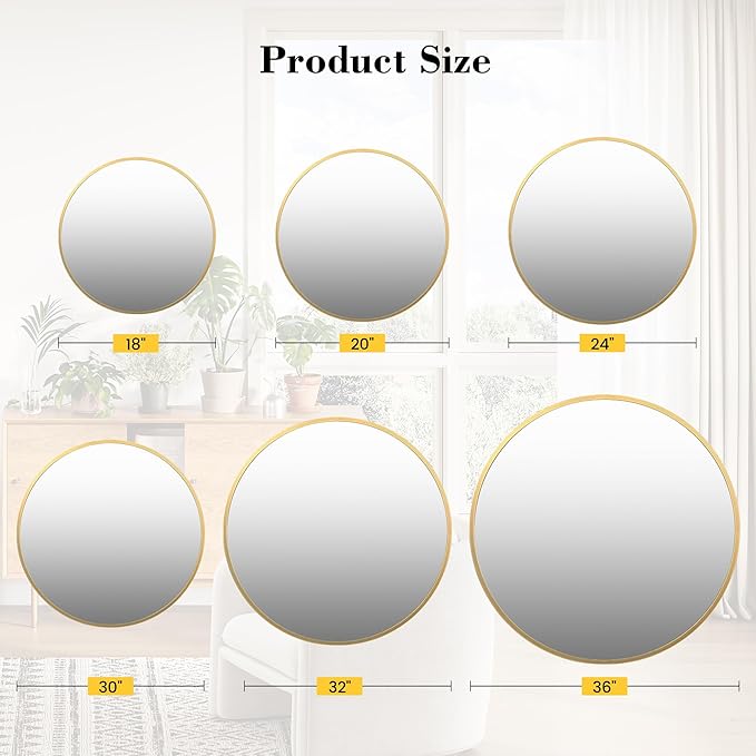 30" Gold Round Mirror for Wall, Large Circle Bathroom Mirror for Over Sink, Matte Gold Metal Frame, HD Eco-Friendly Glass, Contemporary Vanity Entryway Hallway Living Room Home Decor, Easy to Hang