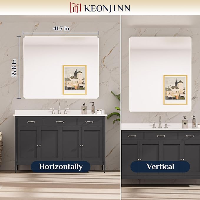 Keonjinn 42 x 36 Brushed Nickel Bathroom Vanity Mirror, Large Rounded Rectangle Bathroom Mirrors for over Sink, Metal Framed Silver Mirror for Wall, Shatterproof HD Tempered Glass(Horizontal/Vertical)