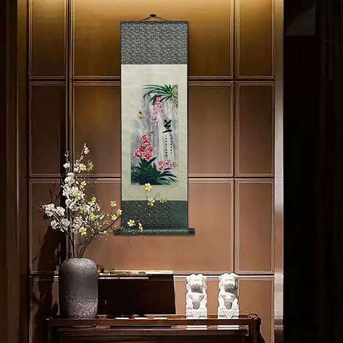 AtfArt Asian Wall Decor - Beautiful Silk Scroll Painting of 4 Righteous Men with Flowers - Plum Orchid, Bamboo, Chrysanthemum - Oriental Decor, Chinese Art Wall Scroll Hanging