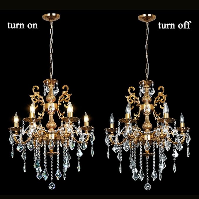 Crystal Chandelier Lighting Modern, Antique Gold Farmhouse Chandeliers 6-Light Crystal Candle Chandelier Ceiling Hanging Light Fixture Entrance Bedroom Kitchen 23"