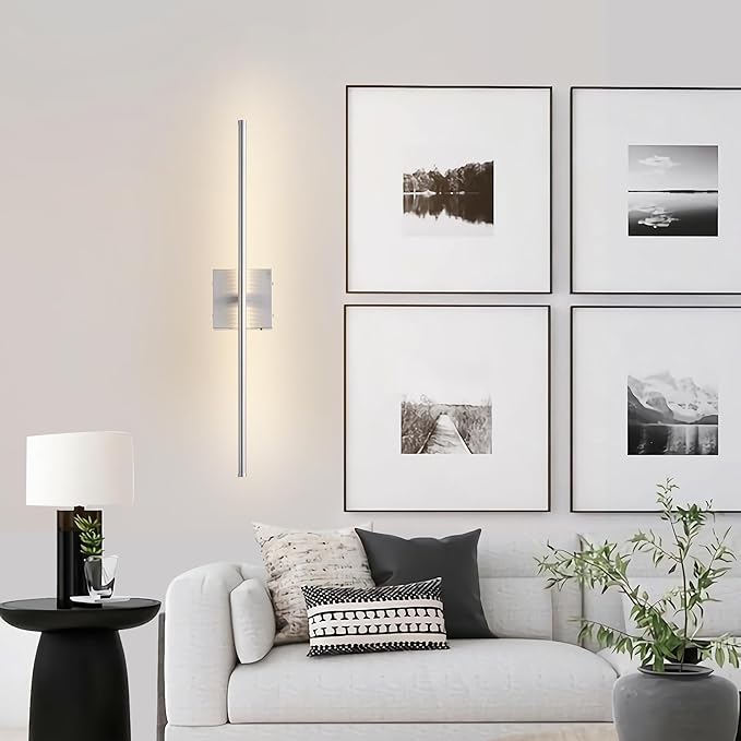 Battery Operated Wall Sconces with Remote Control, Dimmable Wall Sconces Set of Two, 350°Rotate, 3000K LED Nickel Wireless Wall Light for Living Room, Hallway, Bedroom, 24.4 Inch (2 Pack)