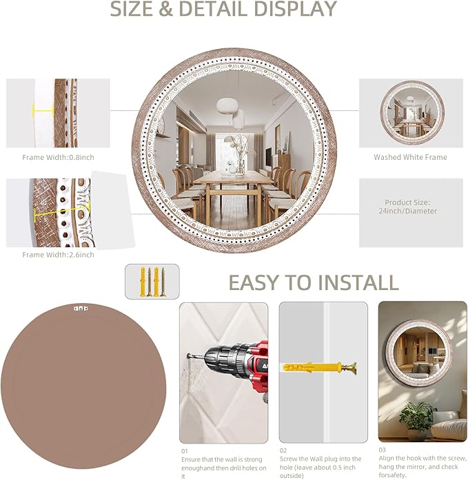 24 Inch Wooden Round Mirror for Wall Decor, Farmhouse Rustic Decorative Circle Mirrors with Beaded Frame, for Bedroom, Bathroom, Living Room, Entryway