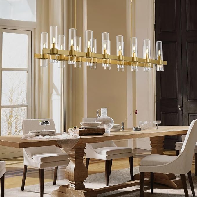 Modern Gold Linear Chandelier for Dining Room, 54'' Rectangular Dining Chandeliers Over Dining Table 16 Light, Linear Chandelier Lighting Fixture with Glass over Kitchen Island, Includes Bulbs