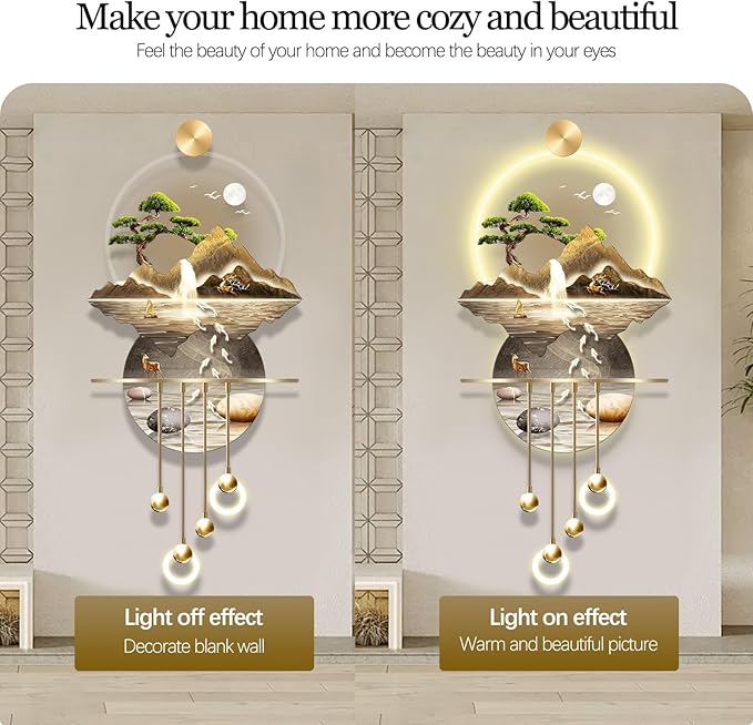 23.64x53.54IN 3D Wall Sculptures Hanging with Led Light Modern Art Deco Lighting Wall Art Decorations Lamp Wall Art Decor with Metal Ball Pendant for Friends(Yellow 1)