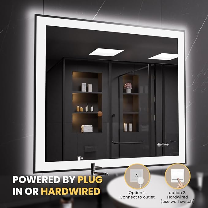 LOAAO 40"X36" LED Bathroom Mirror Black Framed, Anti-Fog, Dimmable, Lighted Bathroom Vanity Mirror for Wall, Memory Function, Tempered Glass